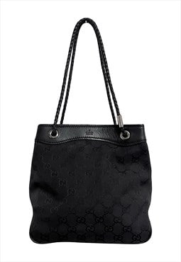 Gucci Shoulder Bag Black Logo GG Monogram Drawstring Bucket 