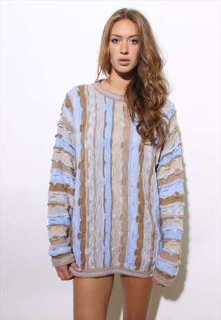 VINTAGE 1980'S 80'S OVERSIZED PASTEL STRIPED JUMPER L-XL