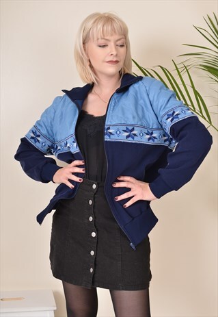 VINTAGE QUILTED PATTERNED BOMBER JACKET BLUE 80S