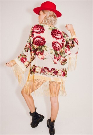 BURNOUT VELVET FESTIVAL KIMONO JACKET WITH FRINGING