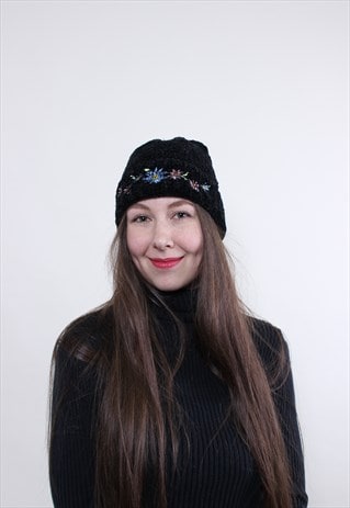 Vintage Cute flowers beanie hat, black embroidered floral