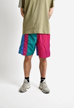 Vintage 90s summer shorts men multi colour block swim trunk 