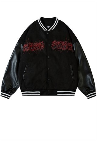 COLLEGE VARSITY JACKET STAR SLOGAN BOMBER RETRO COAT BLACK