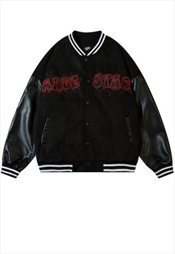 College varsity jacket star slogan bomber retro coat black