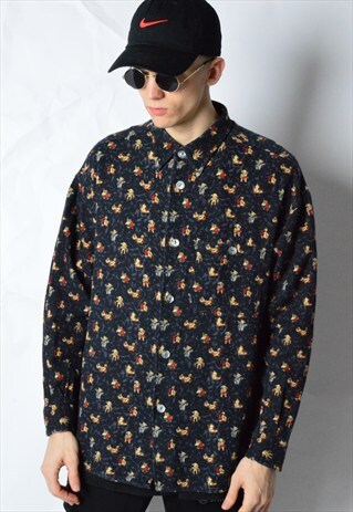 VINTAGE 90S GREY BEAR PRINT CORDUROY LONG SLEEVE SHIRT