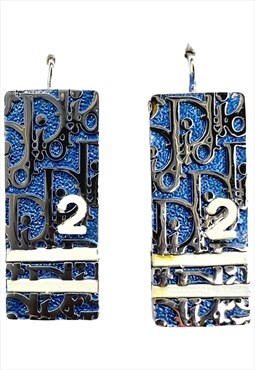 Christian Dior Earrings Monogram Trotter Logo Tag Blue 