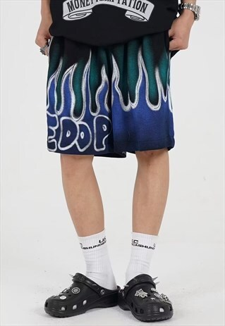 Flame graffiti sports shorts fire print overalls pastel blue