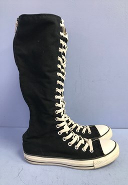Knee High Trainer Boots Black White Canvas 