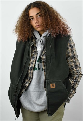 VINTAGE UNISEX CARHARTT GREEN FLEECE LINED WORKWEAR GILET