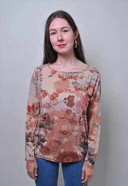 Pullover flowers blouse, vintage long sleeve brown shirt 