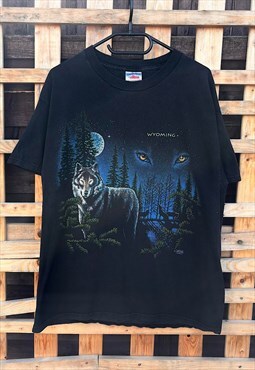 Vintage Wyoming wolf black nature T-shirt medium 