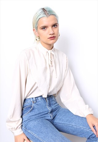 VINTAGE 70S CREAM EMBROIDERED RUFFLE SHIRT