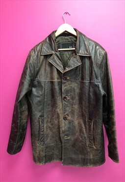 Vintage Leather Jacket Dark Brown Button Up Distressed 