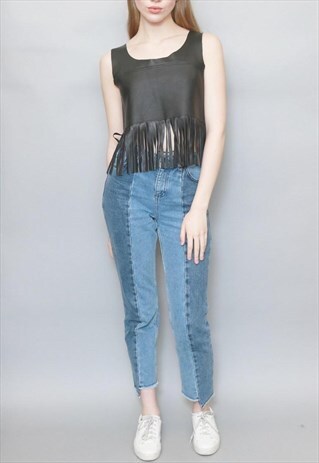 VINTAGE 1990'S BLACK LEATHER TASSELED CROP TOP