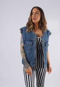 Vintage Denim Waistcoat Jacket Oversized Fitted UK 14 (BD1X)