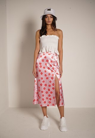 FLORAL SATIN MIDI SKIRT