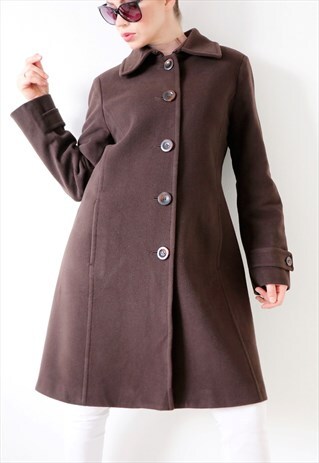 90S VINTAGE CLASSIC WOOL MIDI COAT DARK BROWN COLLARED