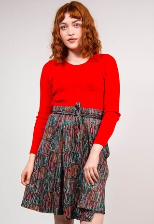 VINTAGE 70'S ABSTRACT PATTERN MIDI SKIRT WITH BELT