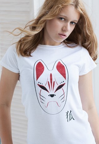 JAPANESE FOX MASK T SHIRT KITSUNE KAWAII JAPAN TEE WOMEN