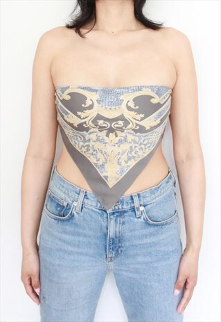 Y2K VINTAGE BLUE CREAM SNAKE PRINT BANDANA SCARF TOP