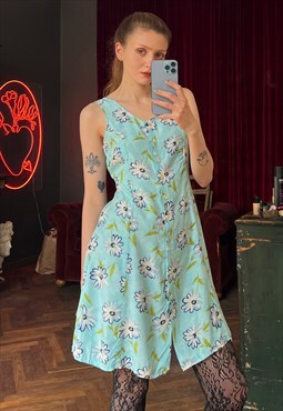 Short Blue Floral Dress, Sleeveless Button Up Sun Dress
