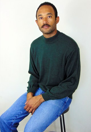 90S MINIMALIST LUXURY MERINO WOOL GREEN MOCK NECK SWEATER
