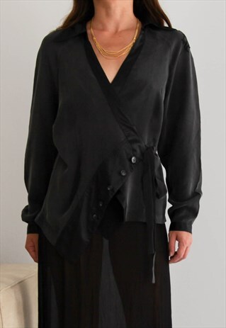 DEADSTOCK 90'S OFF BLACK WRAP SILK EMBROIDERED BLOUSE