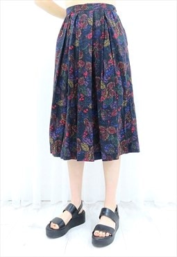 80s Vintage Multicoloured Floral Midi Skirt (Size L)