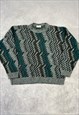 VINTAGE KNITTED JUMPER ABSTRACT PATTERNED GRANDAD SWEATER