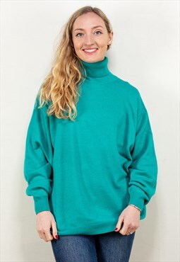 Vintage 80's Women Turtleneck Sweater in Turquoise