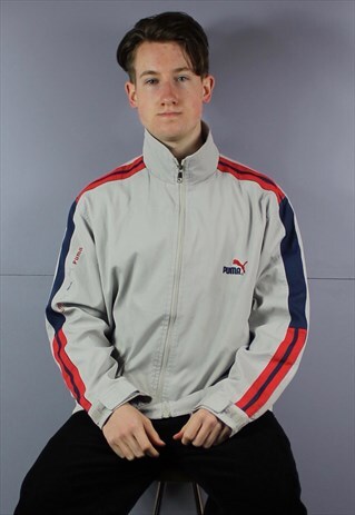 VINTAGE PUMA WINDBREAKER TRACK JACKET IN GREY WITH POCKETS A