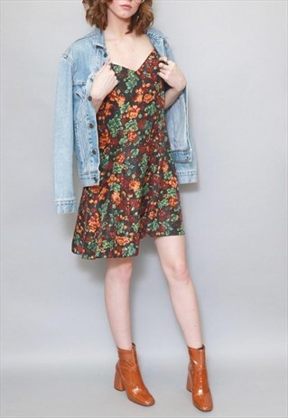 VINTAGE 1990'S RED AND BLACK FLORAL PRINT MINI SLIP DRESS