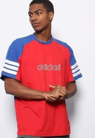 VINTAGE ADIDAS BIG LOGO SPELLOUT T-SHIRT BLUE AND RED