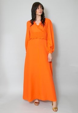 70's Vintage Ladies Bell Sleeve Ruffle Orange Maxi Dress