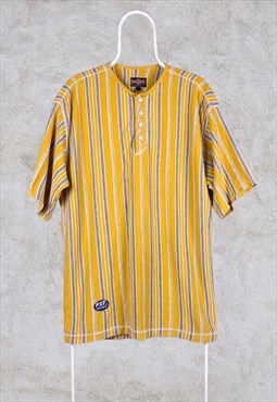 Vintage Grandad Collar Striped T-Shirt Jersey Yellow Blue XL
