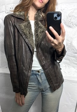 Zip Sherpa Brown Leather Crop Jacket - M - L