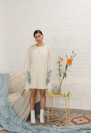 OFF WHITE SELF CHECK COTTON PLEATED DRESS