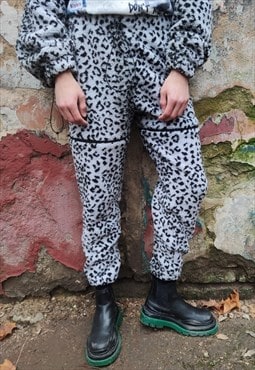 Leopard fleece joggers handmade animal print 2 in 1 overalls