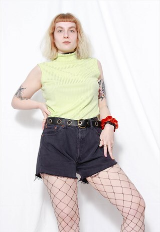 90S Y2K GRUNGE LIGHT NEON GREEN LIME RIBBED MOCKNECK TOP