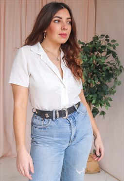 Vintage 90s Embroidered Short Sleeve Blouse in Ivory - UK 8