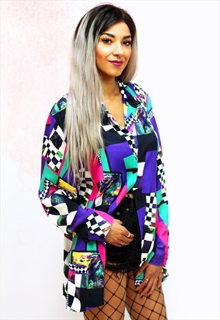 1990S VINTAGE MULTICOLOURED PATTERNED SILKY OVERSIZED SHIRT