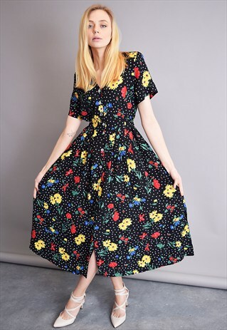 90'S RETRO FLORAL & DOT PATTERN ELEGANT MAXI PINAFORE DRESS