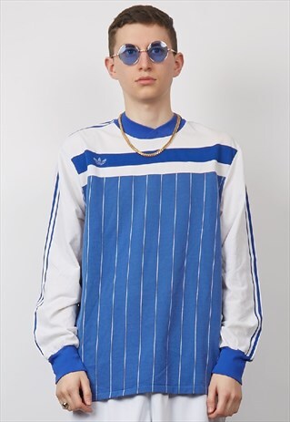 VINTAGE 80'S ADIDAS V-NECK BLUE VERTICAL STRIPE SWEATSHIRT