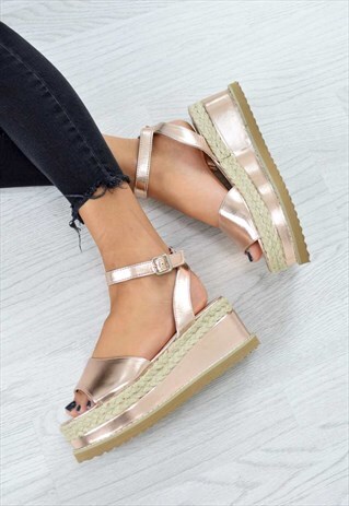BRAIDED ESPADRILLE WEDGE SANDALS - ROSE GOLD