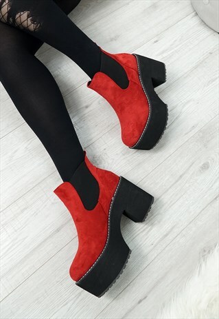 RED WOMENS CHELSEA BOOTS PLATFORM BLOCK HEEL SHOES