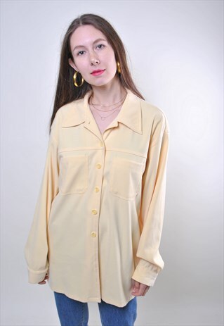 RETRO YELLOW WOMAN OVERSIZE MINIMALIST BLOUSE, SIZE L