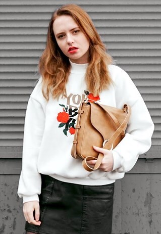 HIGH NECK EMBROIDERED ROSE SWEATSHIRT