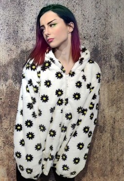 Daisy fleece hoodie thin fluffy floral bright jacket white