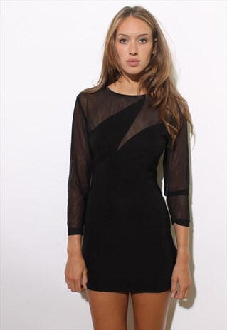 VINTAGE 1990'S 90'S BLACK MESH BODY CON MICRO MINI DRESS M-L