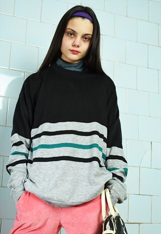 VINTAGE 80S STRIPED GRAPHIC PRINT SWEATSHIRT JUMPER SWEATER